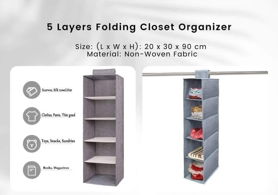 5-Layer Folding Closet Organizer Non-Woven Fabric Grey - Homigo